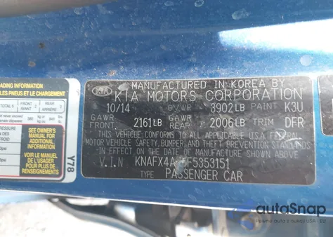 2015 Kia Forte Ex z USA, uszkodzony, nr VIN KNAFX4A85F5353151